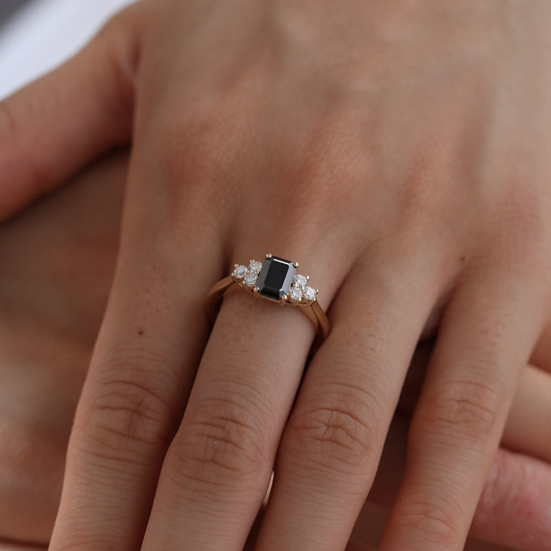 14K Yellow Gold 1ct Emerald Cut Black Moissanite Ring