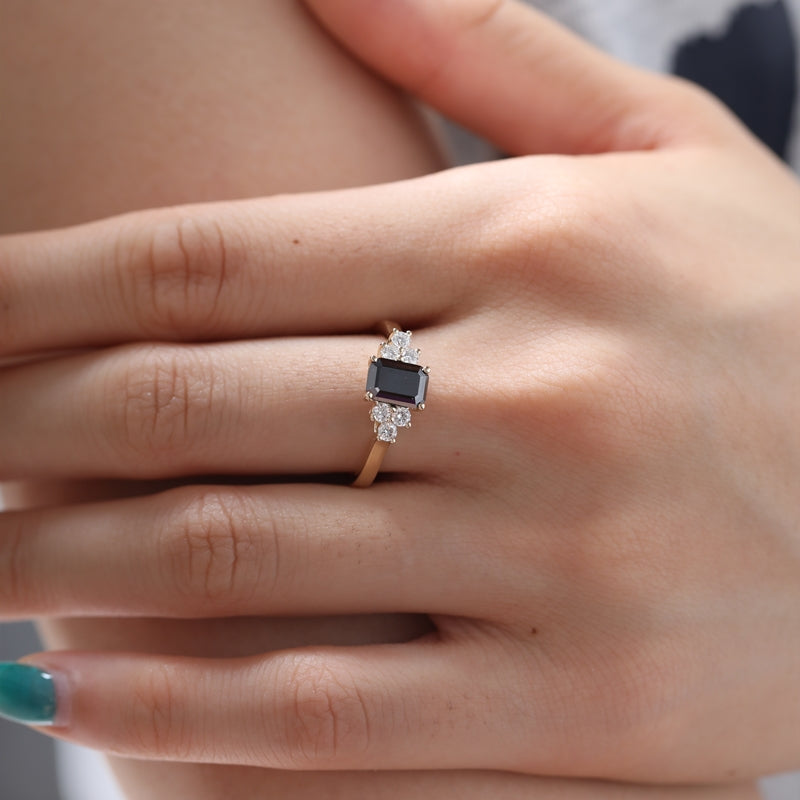 14K Yellow Gold 1ct Emerald Cut Black Moissanite Ring