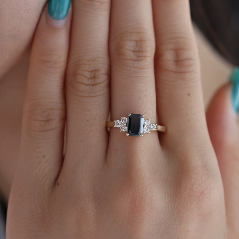 14K Yellow Gold 1ct Emerald Cut Black Moissanite Ring