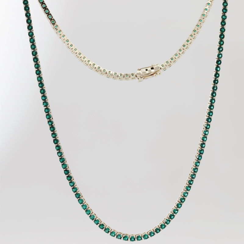 10K Yellow Gold 2mm Round Lab Zambian Emeralds Tennis Necklace