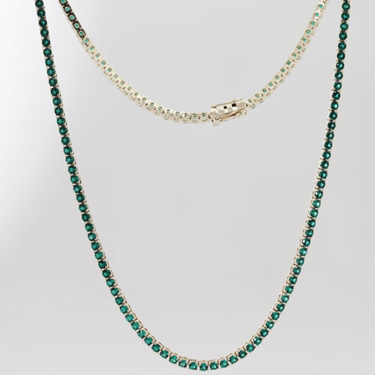 10K Yellow Gold 2mm Round Lab Zambian Emeralds Tennis Necklace