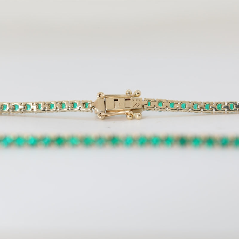 10K Yellow Gold 2mm Round Lab Zambian Emeralds Tennis Necklace