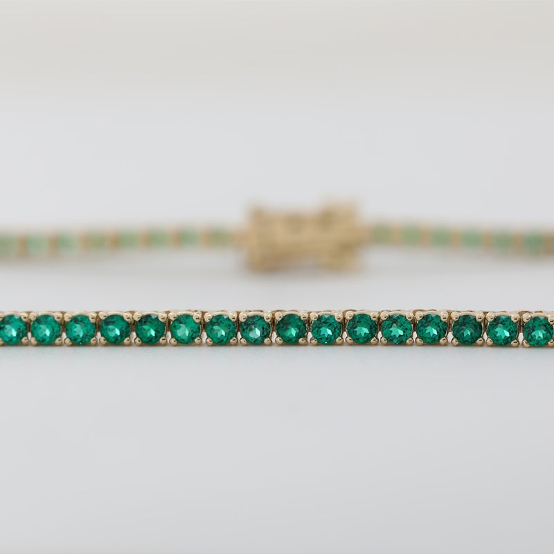 10K Yellow Gold 2mm Round Lab Zambian Emeralds Tennis Necklace
