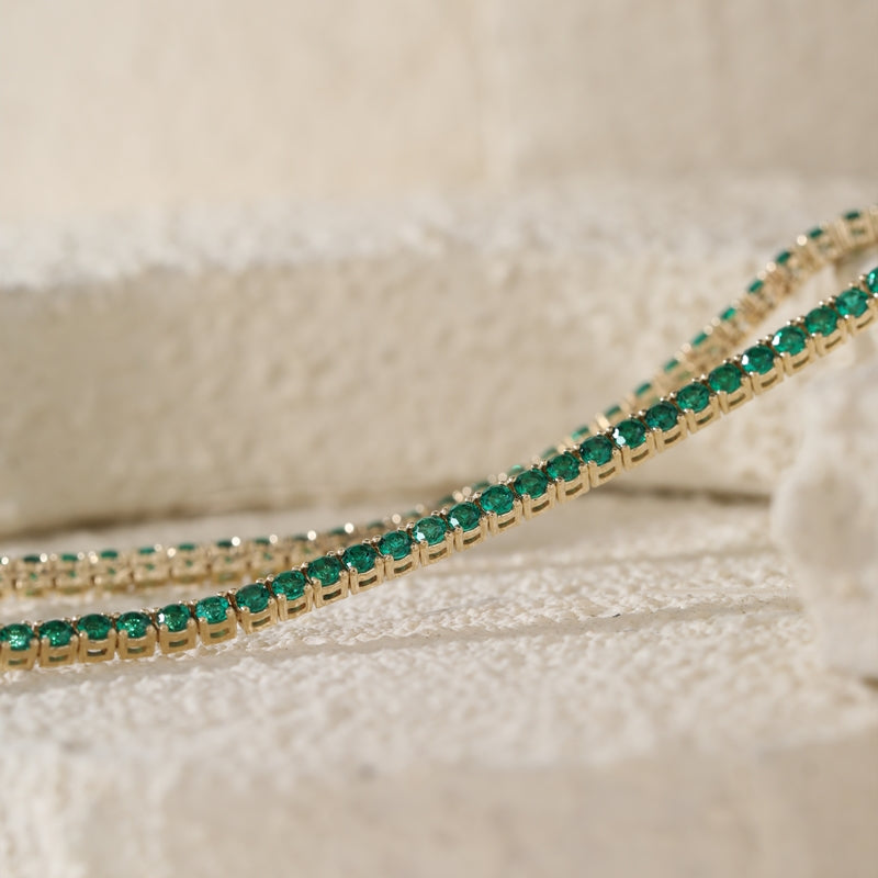 10K Yellow Gold 2mm Round Lab Zambian Emeralds Tennis Necklace