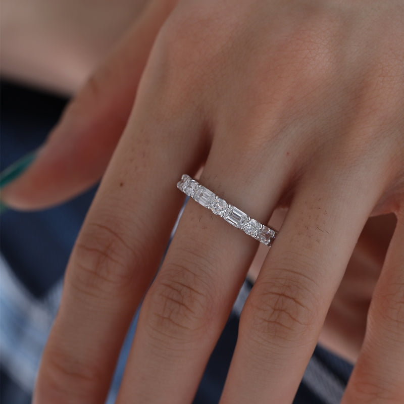 14K White Gold Round & Emerald Cut Lab Diamond Eternity Band