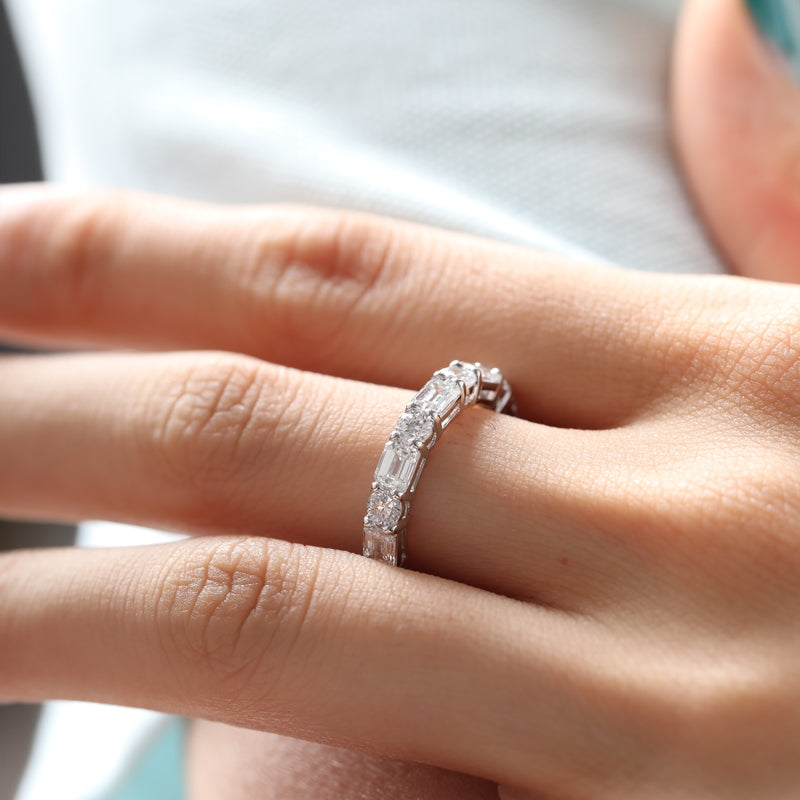 14K White Gold Round & Emerald Cut Lab Diamond Eternity Band