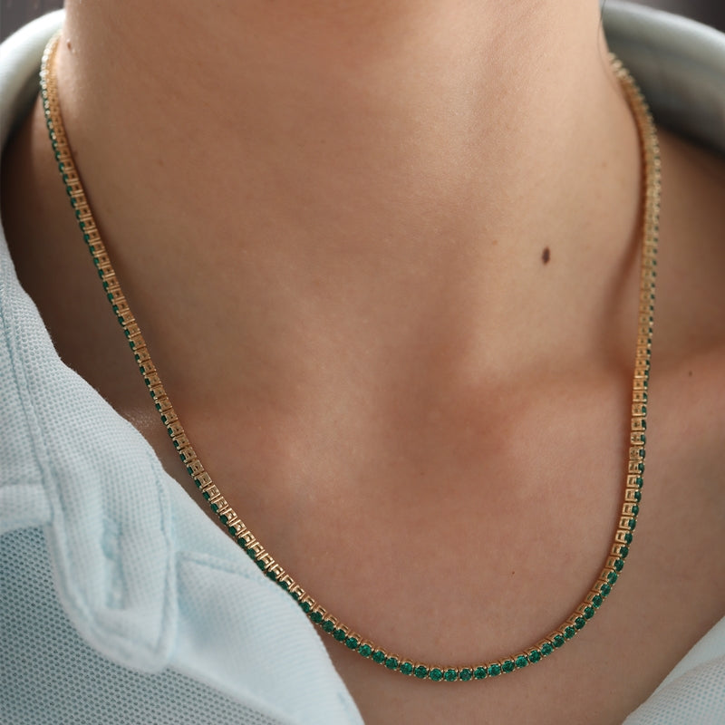 10K Yellow Gold 2mm Round Lab Zambian Emeralds Tennis Necklace