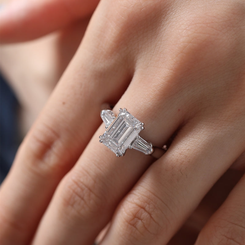 14K White Gold 3.04ct Emerald Cut Lab Diamond Three-Stone Ring