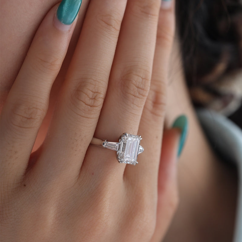14K White Gold 3.04ct Emerald Cut Lab Diamond Three-Stone Ring