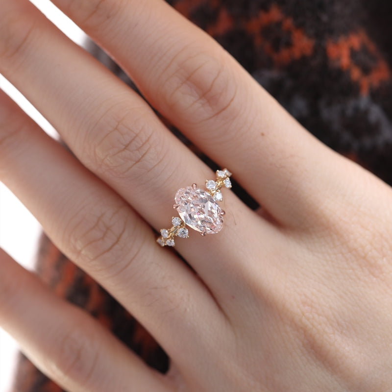 14K Yellow Gold 2.08ct Fancy Pink Oval Lab Diamond Side Stones Ring