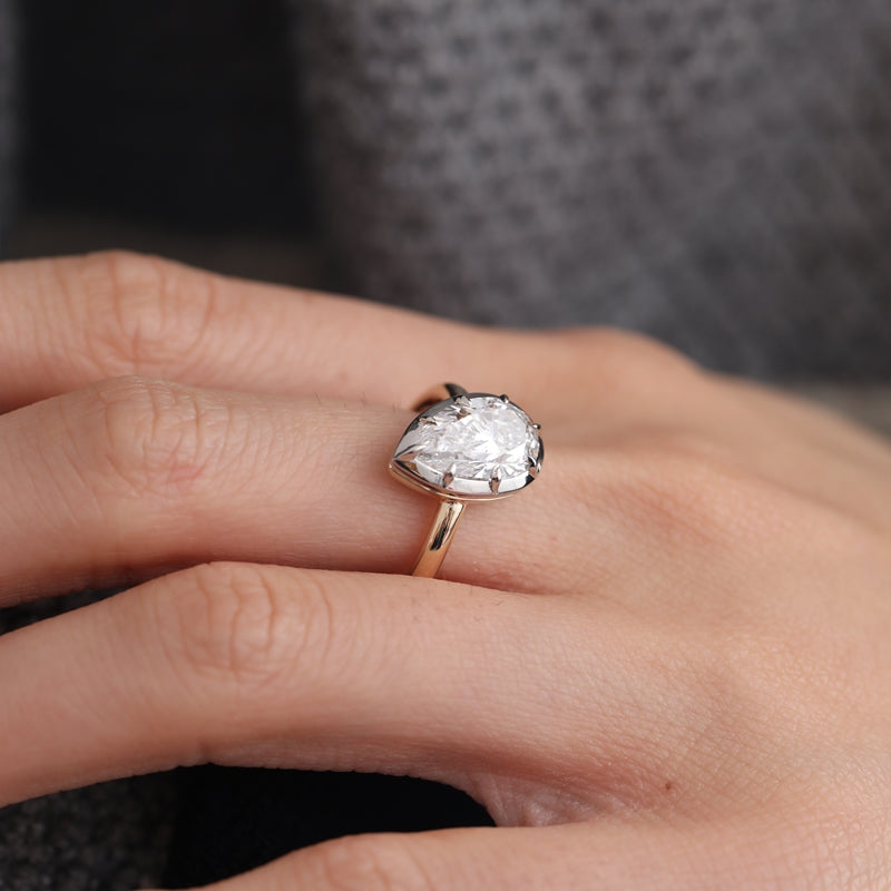 14K Yellow Gold + PT950 2.53ct Pear-Shaped Lab Diamond Solitaire Bezel Setting Ring