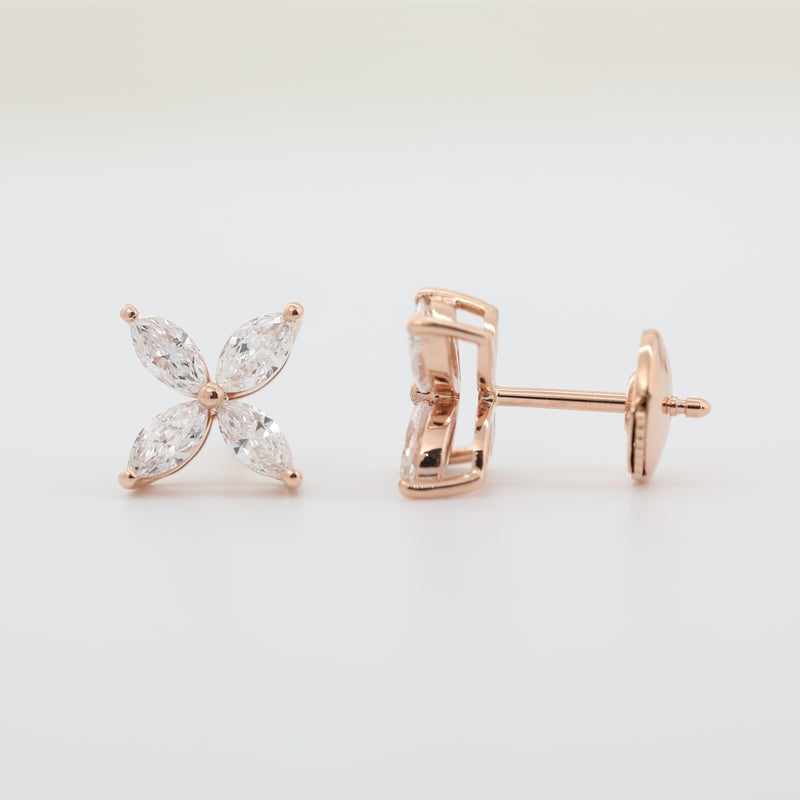 18K Rose Gold 0.8ctw Marquise Lab Diamond Clover Stud Earrings