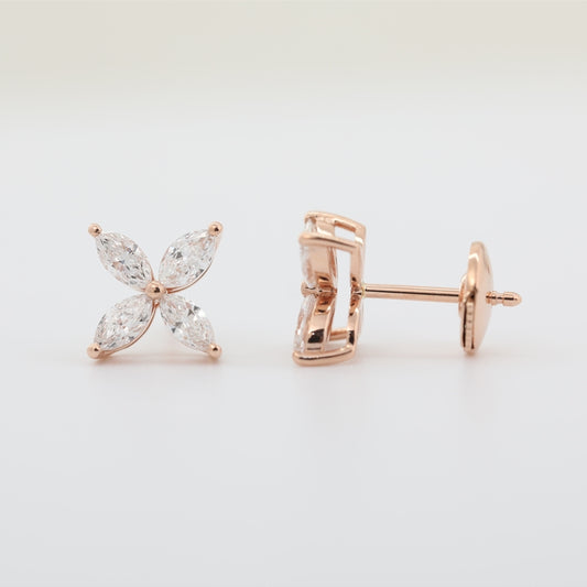 18K Rose Gold 0.8ctw Marquise Lab Diamond Clover Stud Earrings