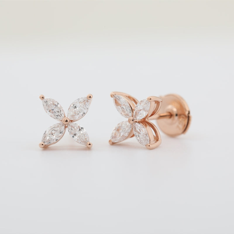 18K Rose Gold 0.8ctw Marquise Lab Diamond Clover Stud Earrings