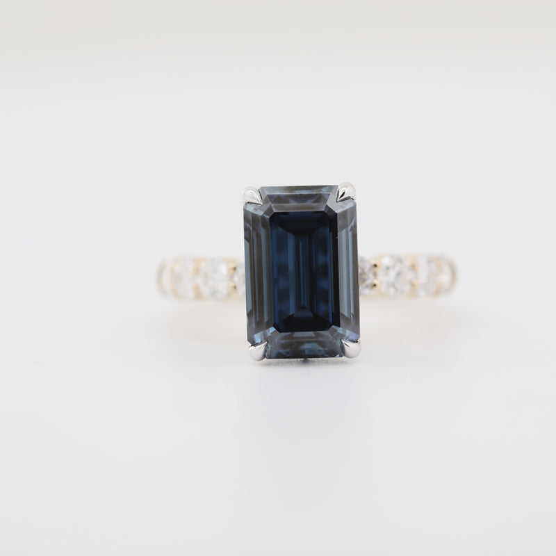 14K Yellow & White Gold 4.13ct Emerald-Cut Blue Moissanite Side Stones Ring