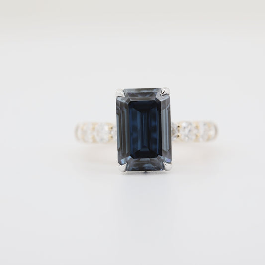 14K Yellow & White Gold 4.13ct Emerald-Cut Blue Moissanite Side Stones Ring