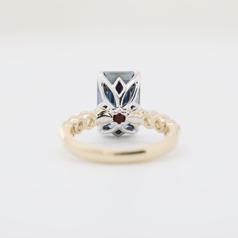 14K Yellow & White Gold 4.13ct Emerald-Cut Blue Moissanite Side Stones Ring
