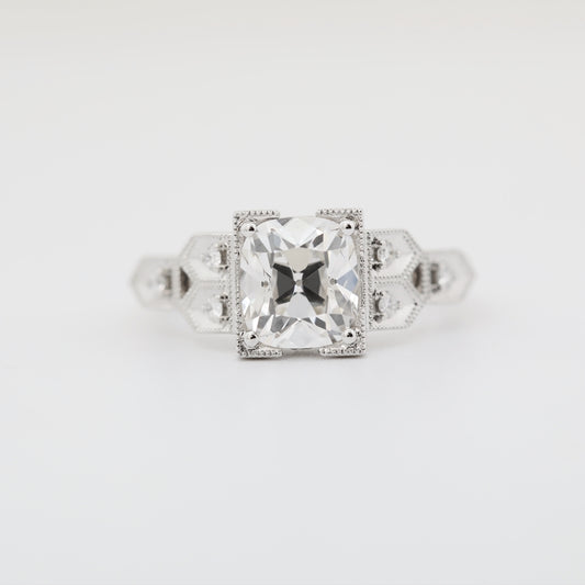 14K White Gold 1.8ct Cushion Old Mine Cut Diamond Vintage Side Stones Ring