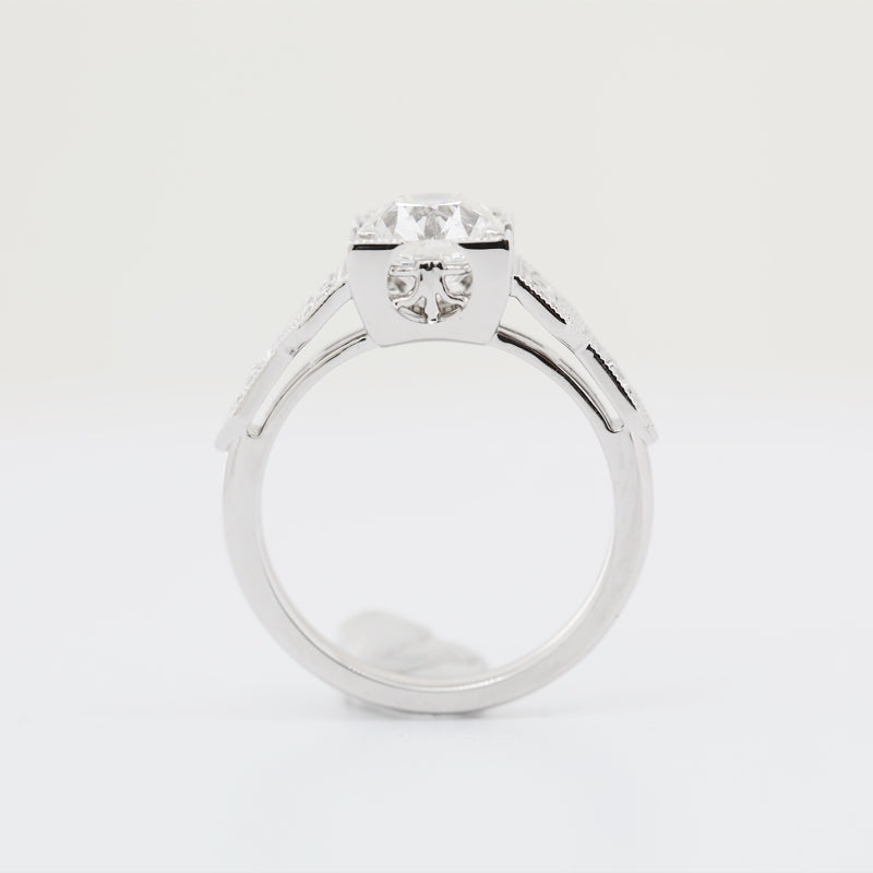 14K White Gold 1.8ct Cushion Old Mine Cut Diamond Vintage Side Stones Ring