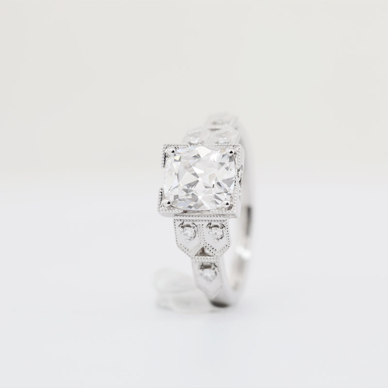 14K White Gold 1.8ct Cushion Old Mine Cut Diamond Vintage Side Stones Ring