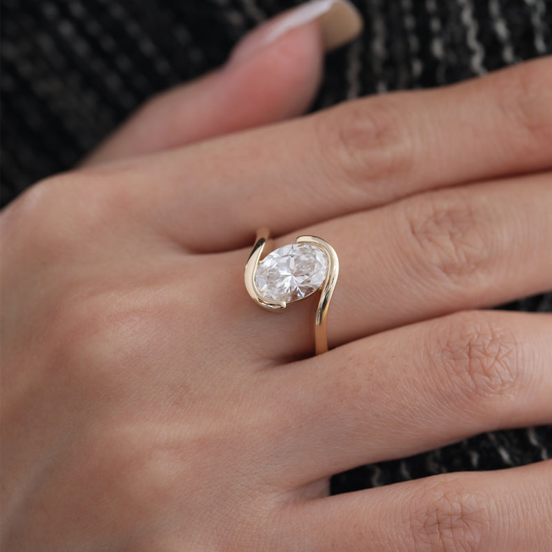 14K Yellow Gold 2.08ct Oval Lab Diamond Half Bezel Solitaire Ring
