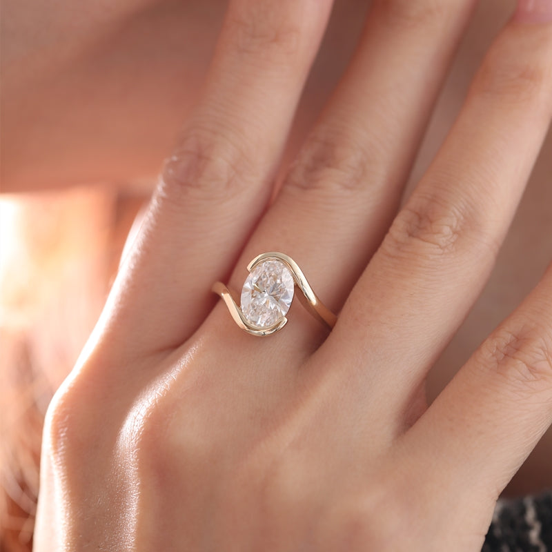 14K Yellow Gold 2.08ct Oval Lab Diamond Half Bezel Solitaire Ring