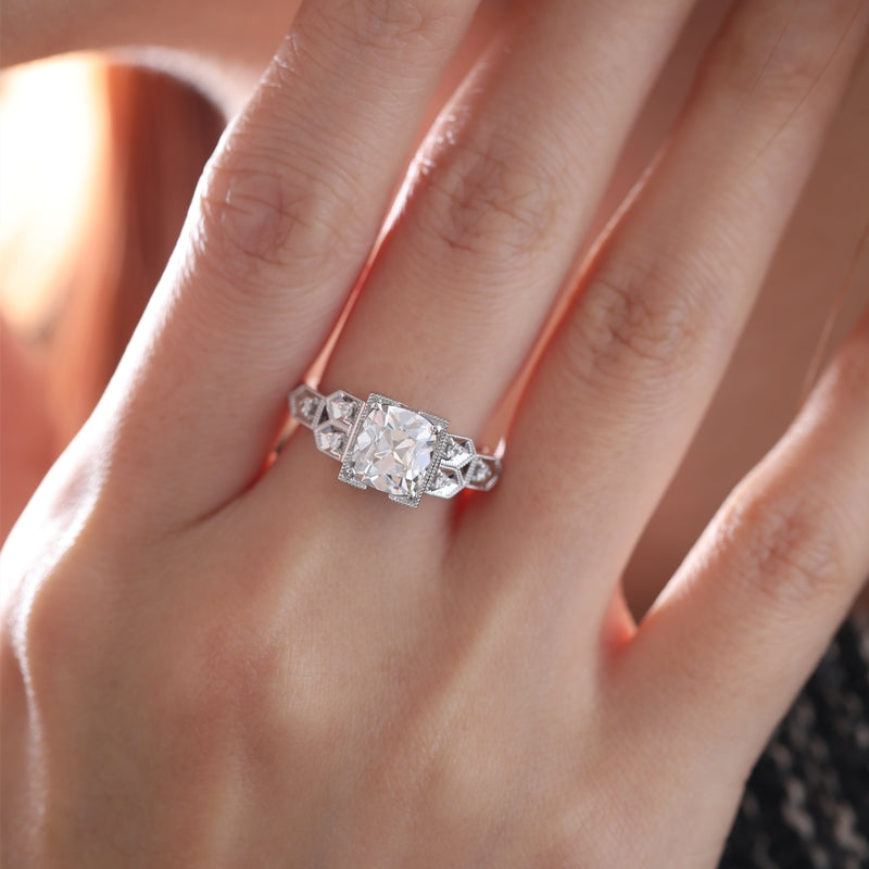 14K White Gold 1.8ct Cushion Old Mine Cut Diamond Vintage Side Stones Ring