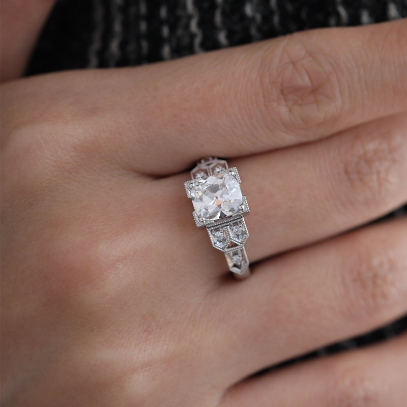 14K White Gold 1.8ct Cushion Old Mine Cut Diamond Vintage Side Stones Ring