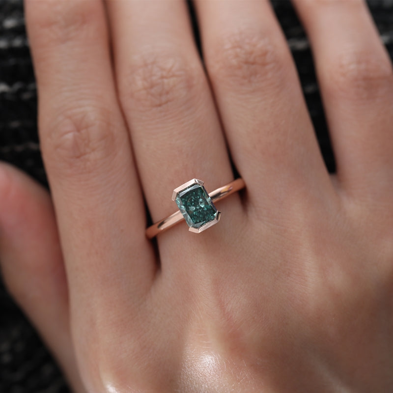 10K Rose Gold 1.53ct Radiant-Cut Green Lab Diamond Half Bezel Setting Solitaire Ring