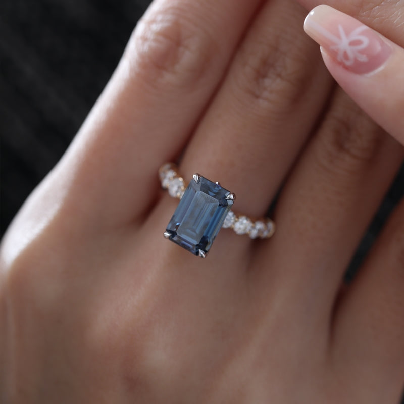 14K Yellow & White Gold 4.13ct Emerald-Cut Blue Moissanite Side Stones Ring
