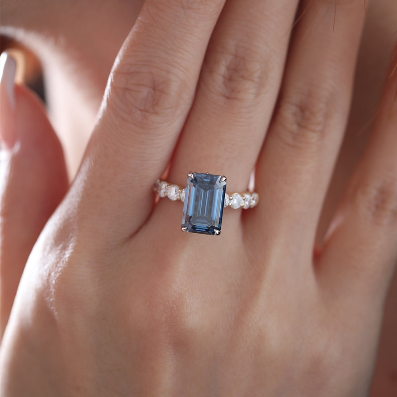 14K Yellow & White Gold 4.13ct Emerald-Cut Blue Moissanite Side Stones Ring