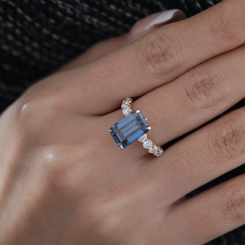 14K Yellow & White Gold 4.13ct Emerald-Cut Blue Moissanite Side Stones Ring