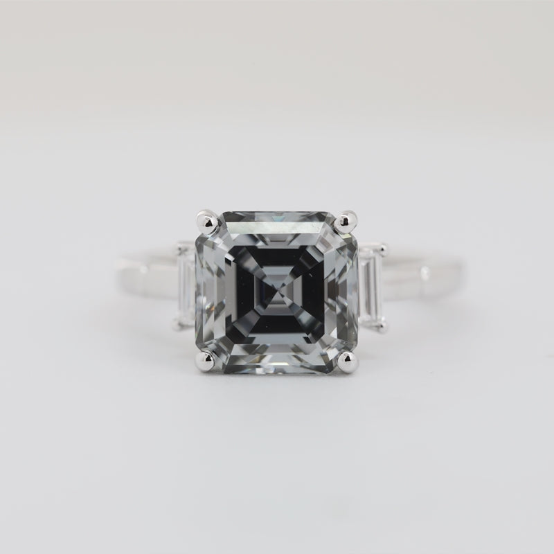 3.5ct Asscher Cut Light Gray Moissanite Three Stone Ring