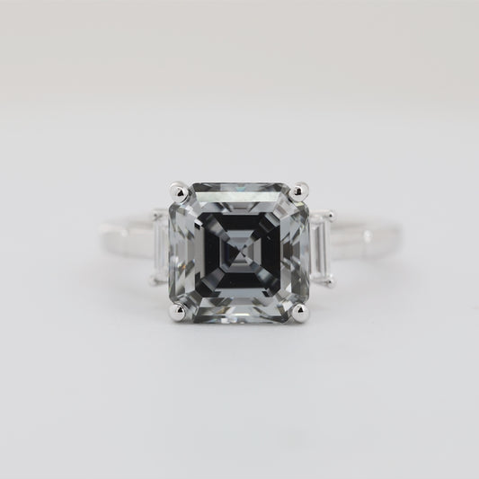 3.5ct Asscher Cut Light Gray Moissanite Three Stone Ring
