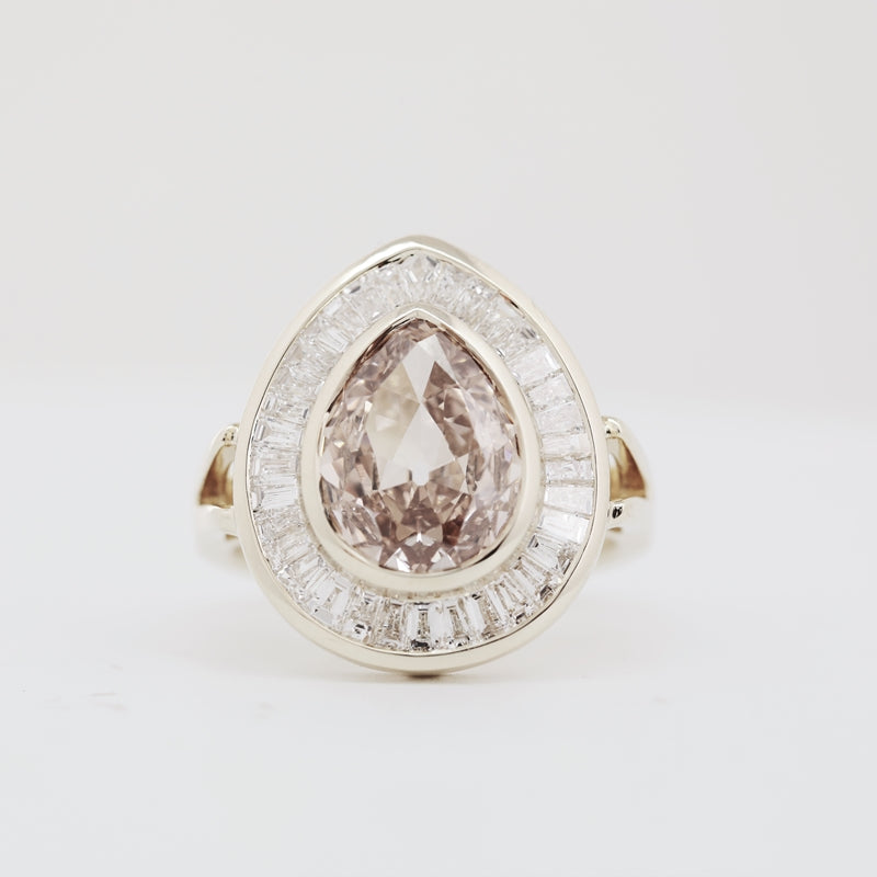 3.19ct Pear Cut Brown Lab Diamond Halo Ring with Baguette Accents