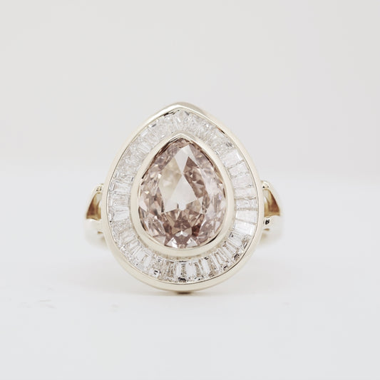 3.19ct Pear Cut Brown Lab Diamond Halo Ring with Baguette Accents