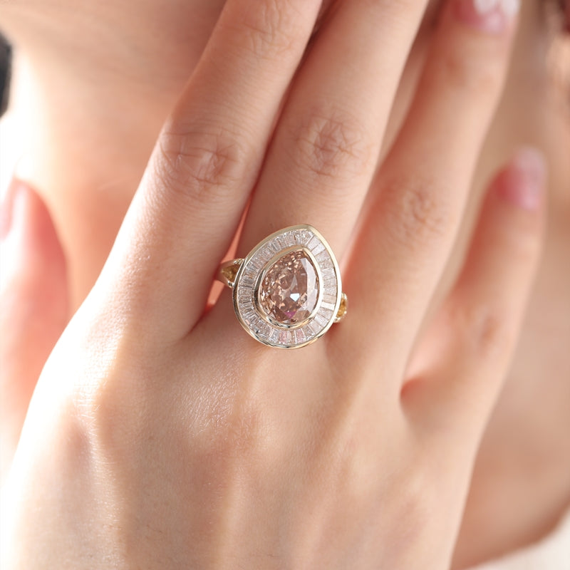 3.19ct Pear Cut Brown Lab Diamond Halo Ring with Baguette Accents