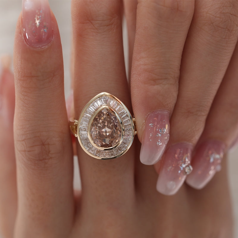 3.19ct Pear Cut Brown Lab Diamond Halo Ring with Baguette Accents