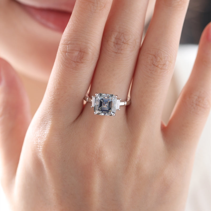 3.5ct Asscher Cut Light Gray Moissanite Three Stone Ring