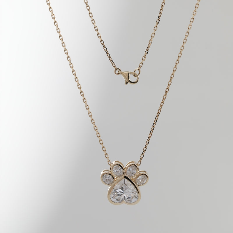 14K Yellow Gold 3.07ct Heart Lab Diamond & 0.87ct Oval Diamond Paw Necklace